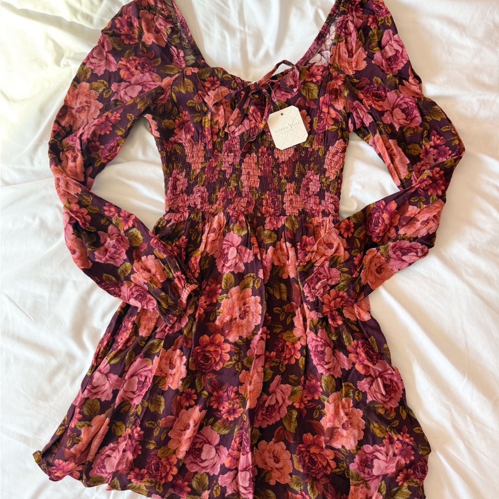 Altar’d State Burgundy Floral Long Sleeve Tie Front Dress Size XS